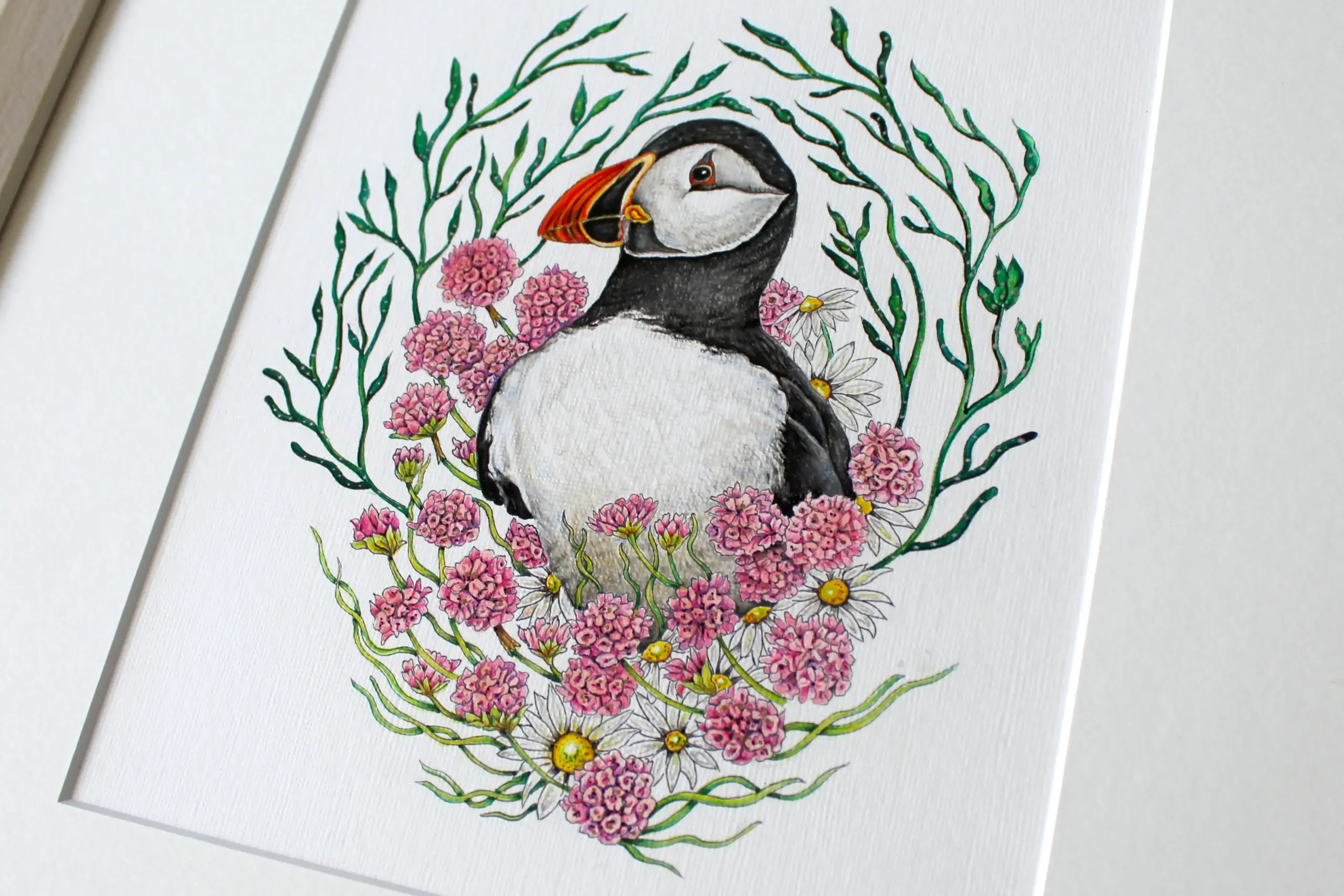 Original Art - Puffin in Sea Pinks (Framed) - Image 2